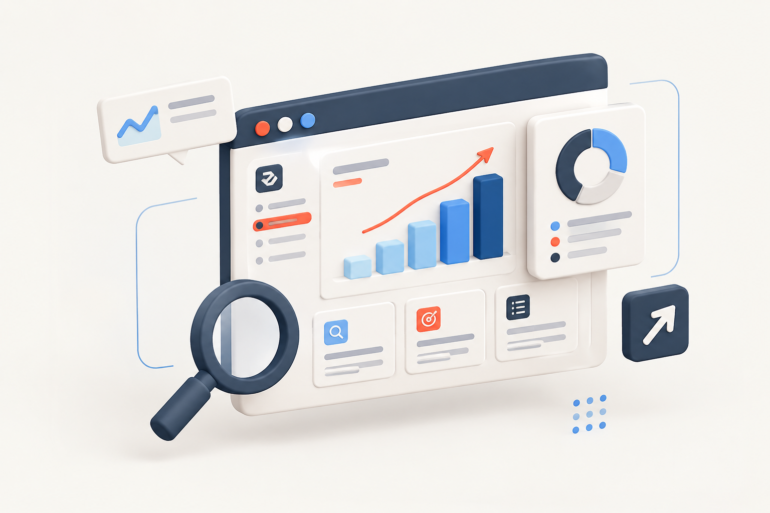 Ilustración 3D de un panel de auditoría con gráfico de crecimiento, gráfico circular, lupa y flecha ascendente