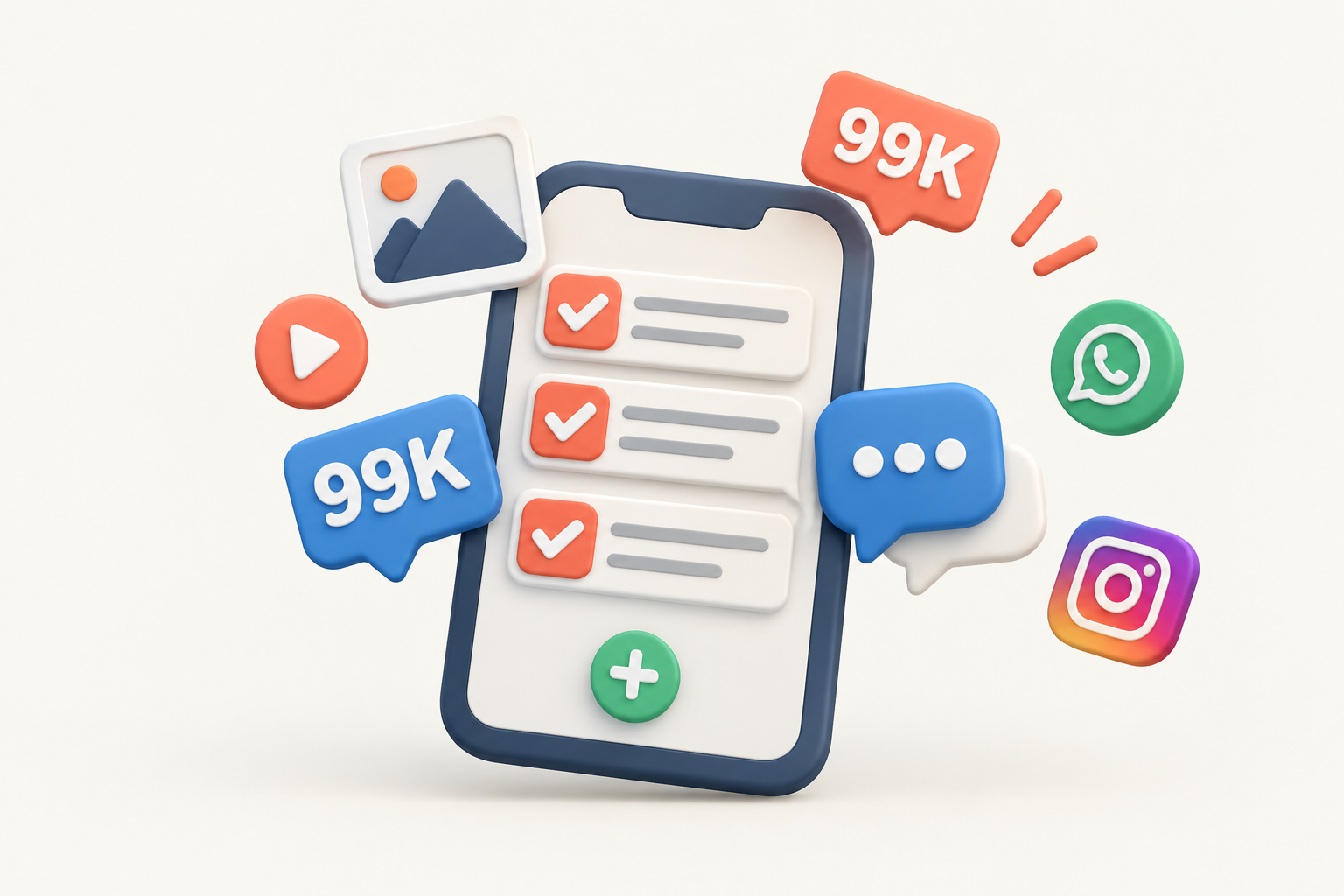 Ilustración 3D de un teléfono con publicaciones programadas, contadores de 99K interacciones e íconos de Instagram y WhatsApp