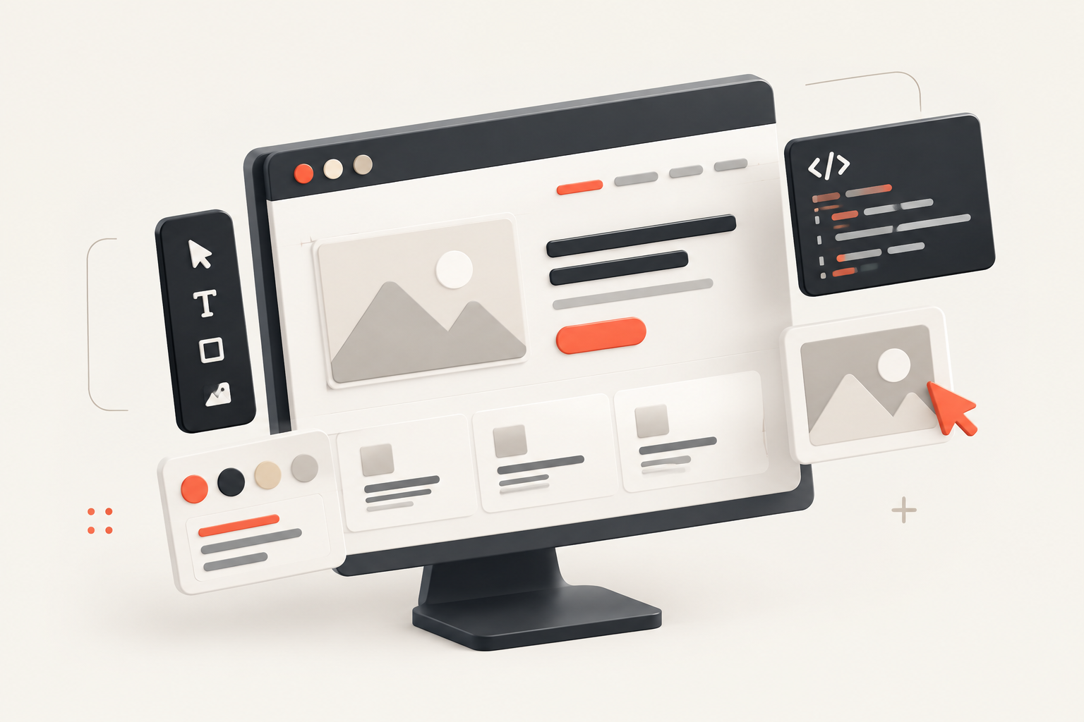 Ilustración 3D de un monitor con una página web maquetada, un panel de código y una barra de herramientas de diseño